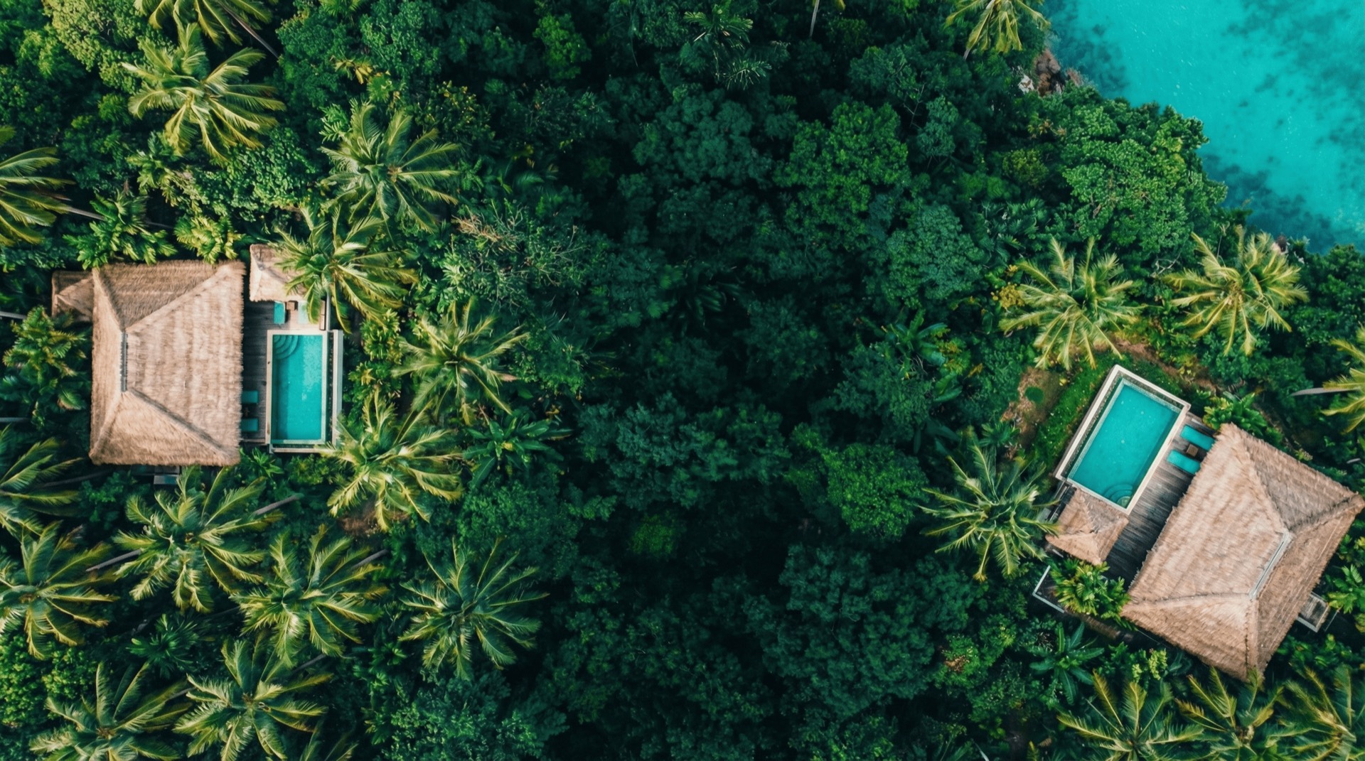 Aerial view of tropical villas nestled in Koh Phangan jungle with turquoise pools